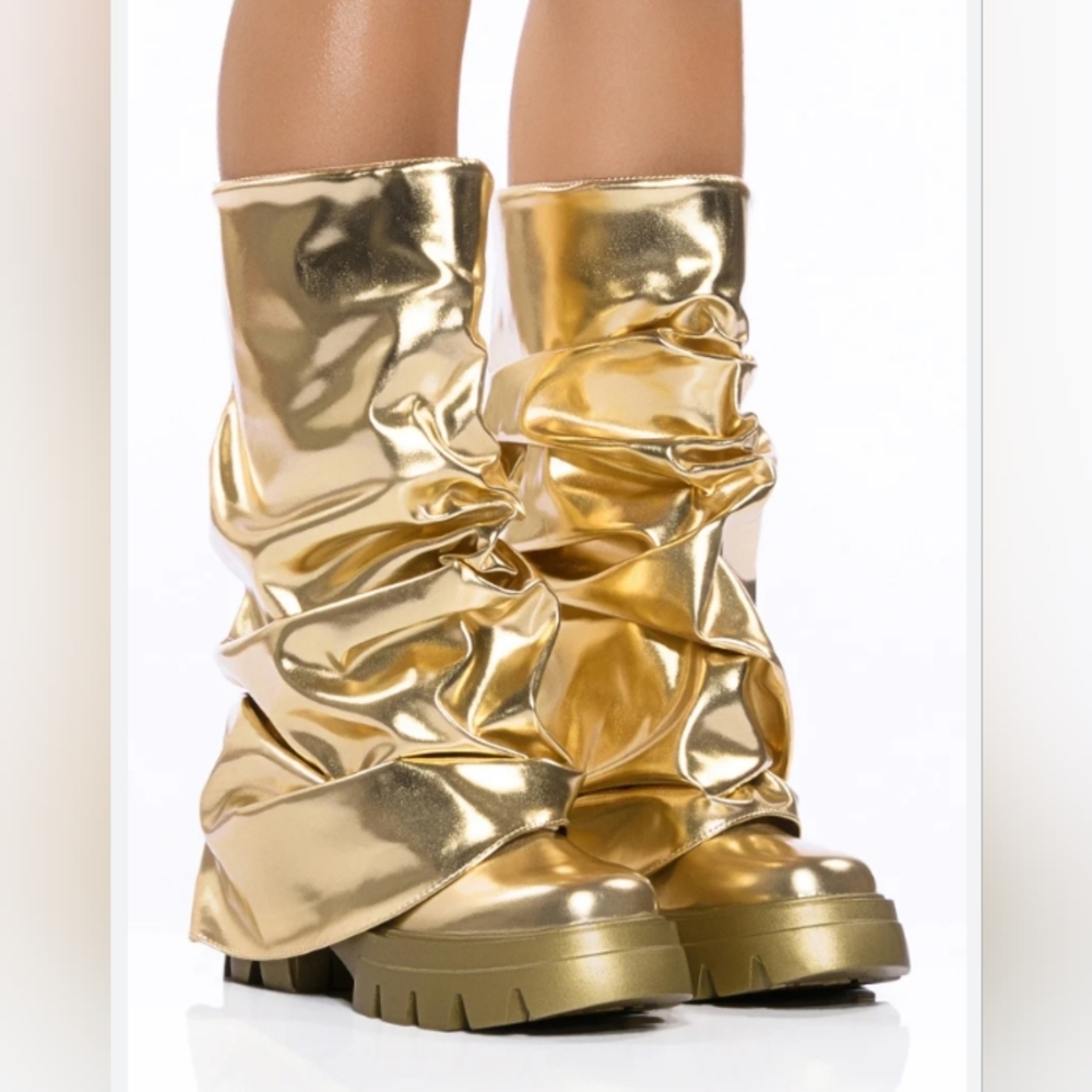 Gold Metallic Slouch Lace-Up Platform Boots - Women